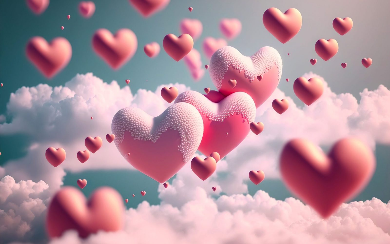 Many pink hearts fly as balloons in the sky with clouds. Romantic background for Valentine's day. Generative AI/